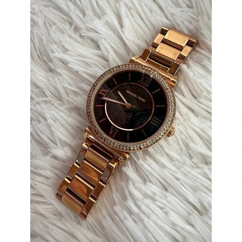 Michael Kors Watch Rose Gold  Black Sparkle Dial Crystal‎ Bezel Needs Battery